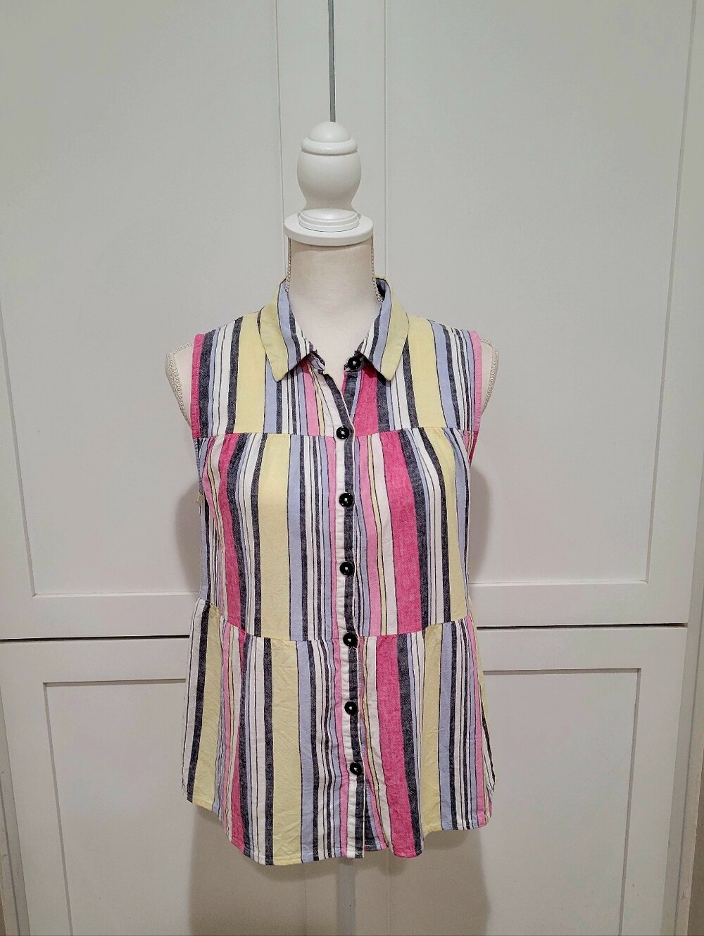 Cupio Sleeveless Striped Button-Down Top in Pink, Yellow & Black